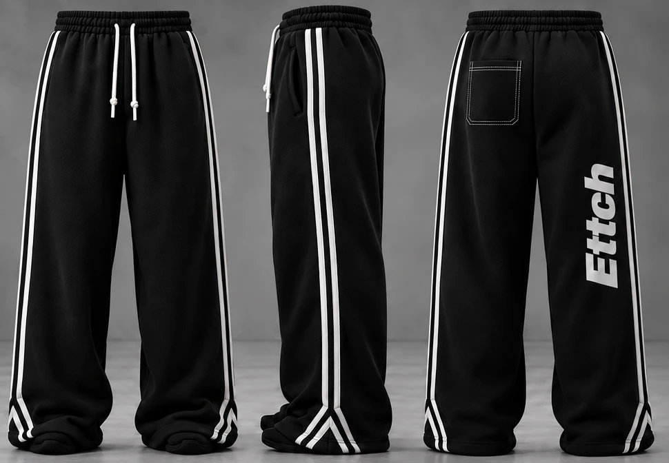 Revised black ETTCH sweatpants with contrast stripes and adjustable drawcords